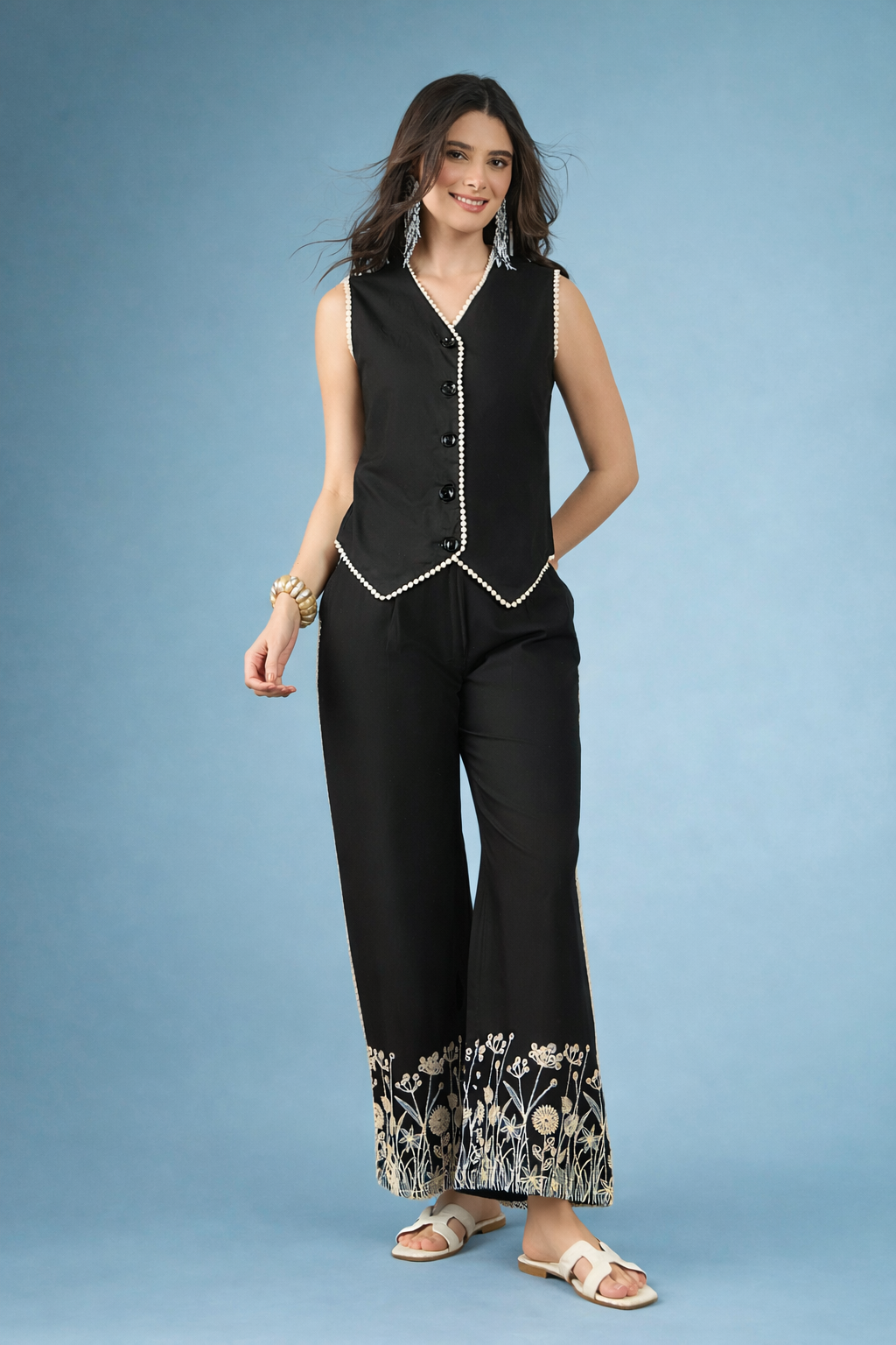 Black Solid Pure Cotton Waist Coat Co-Ords