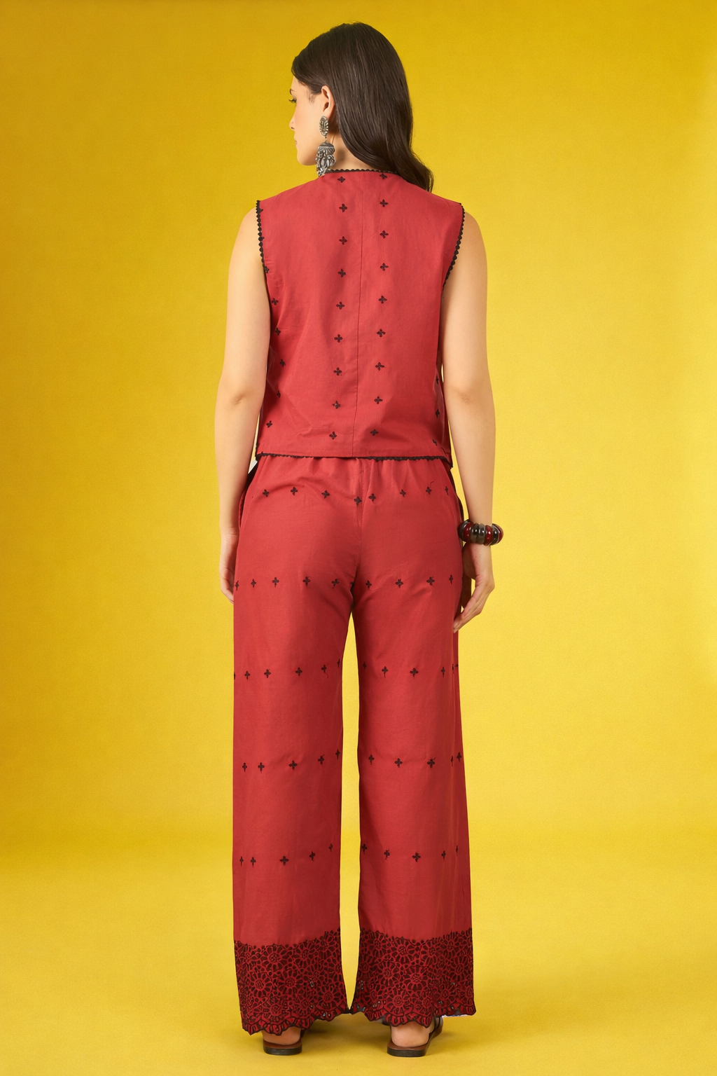 Maroon SchiffiIi Pure Cotton Waist Coat Co-Ords