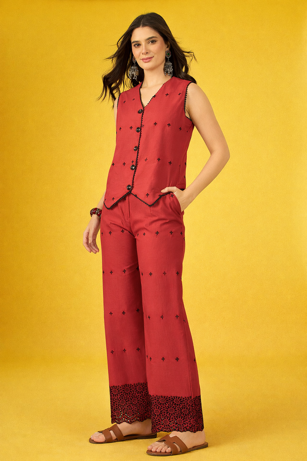 Maroon SchiffiIi Pure Cotton Waist Coat Co-Ords