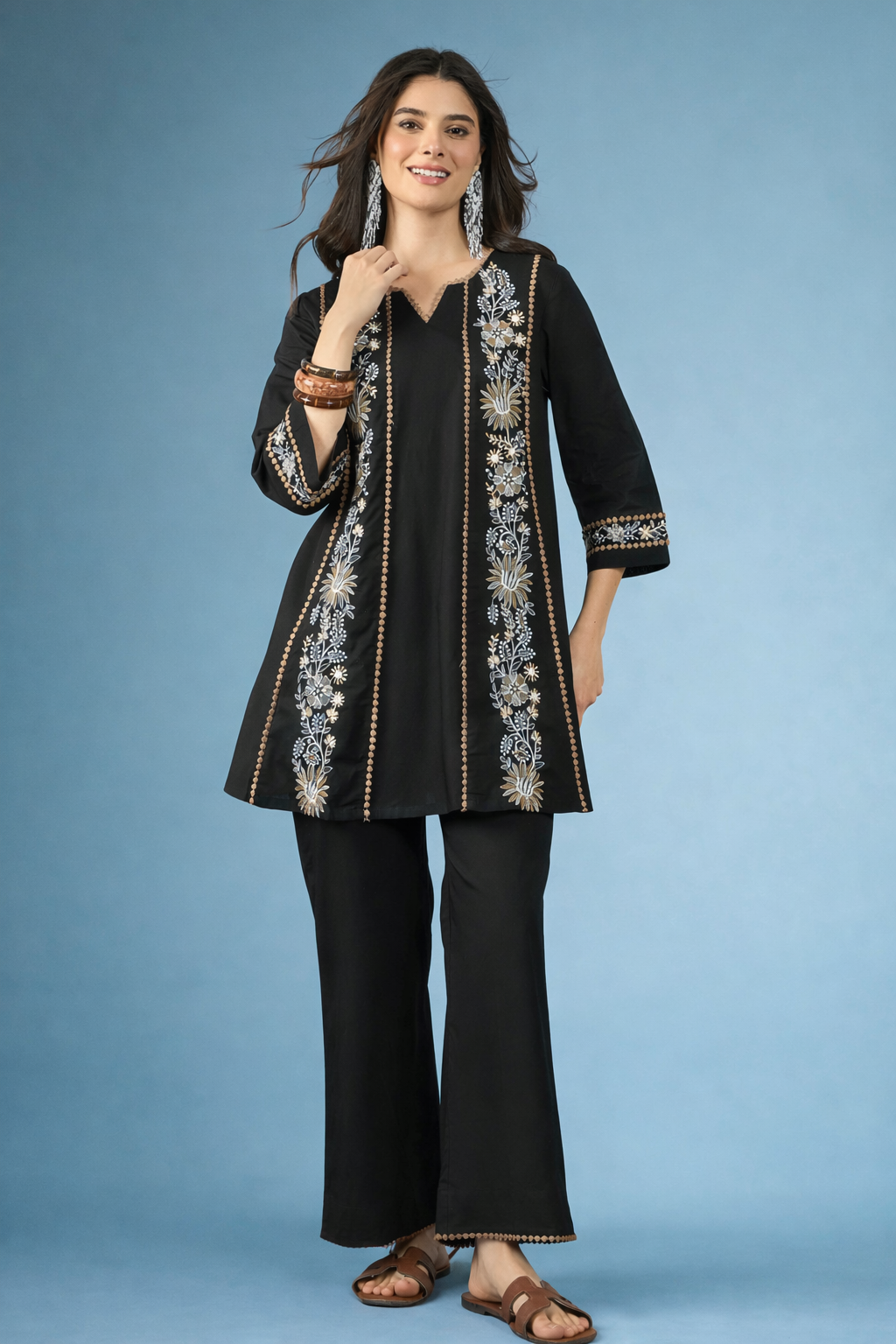 Black Embroidered Pure Cotton Round Neck Co-Ords