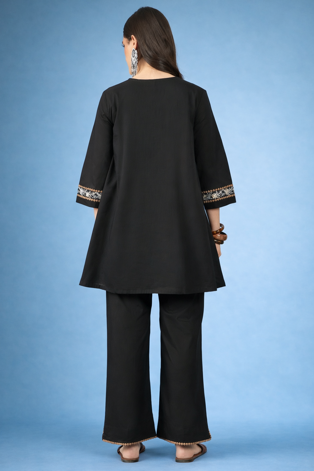 Black Embroidered Pure Cotton Round Neck Co-Ords