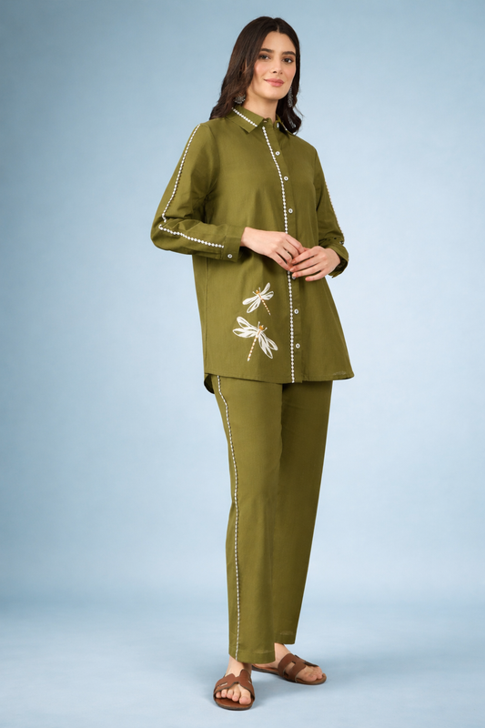 Green Embroidered Pure Cotton Co-Ords