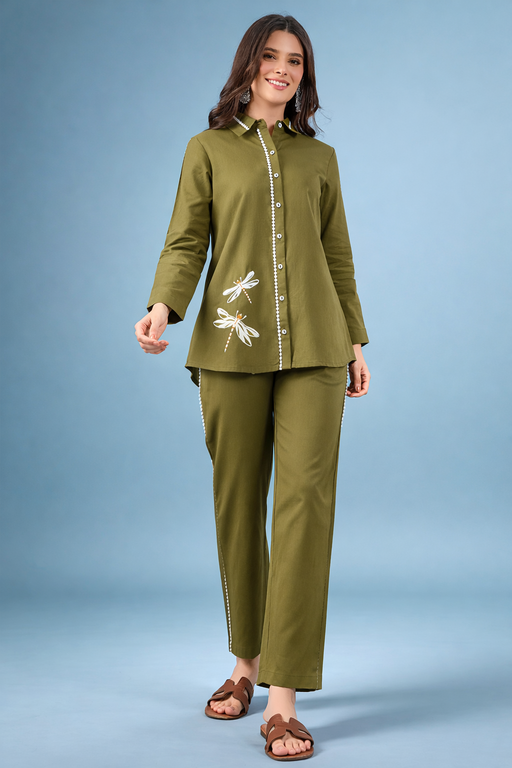 Green Embroidered Pure Cotton Co-Ords