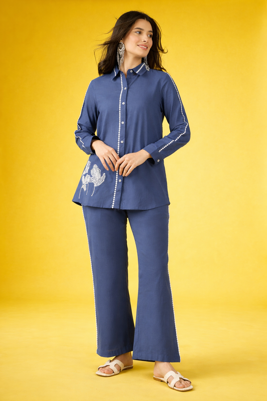 Blue Embroidered Pure Cotton Co-Ords