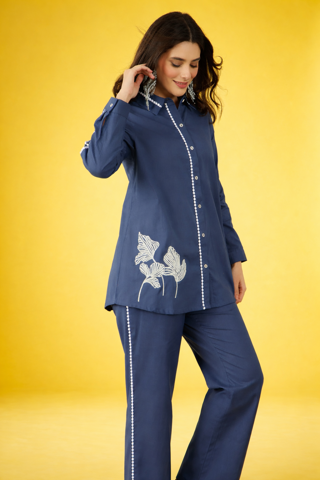 Blue Embroidered Pure Cotton Co-Ords