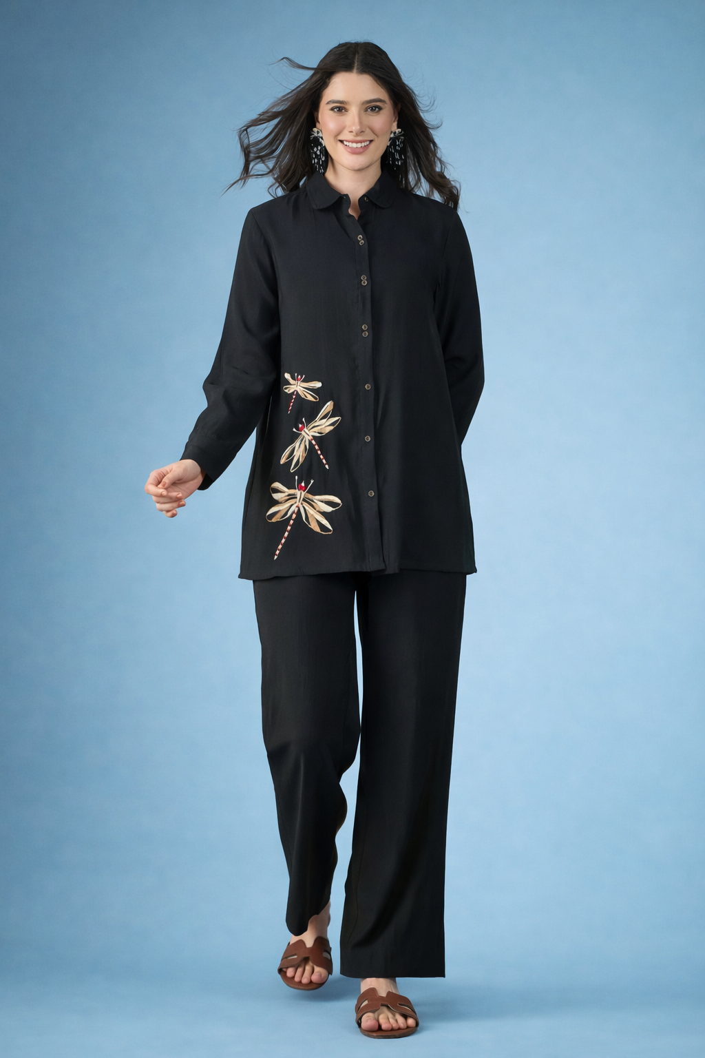 Black Embroidered Silk Blend Co-Ords