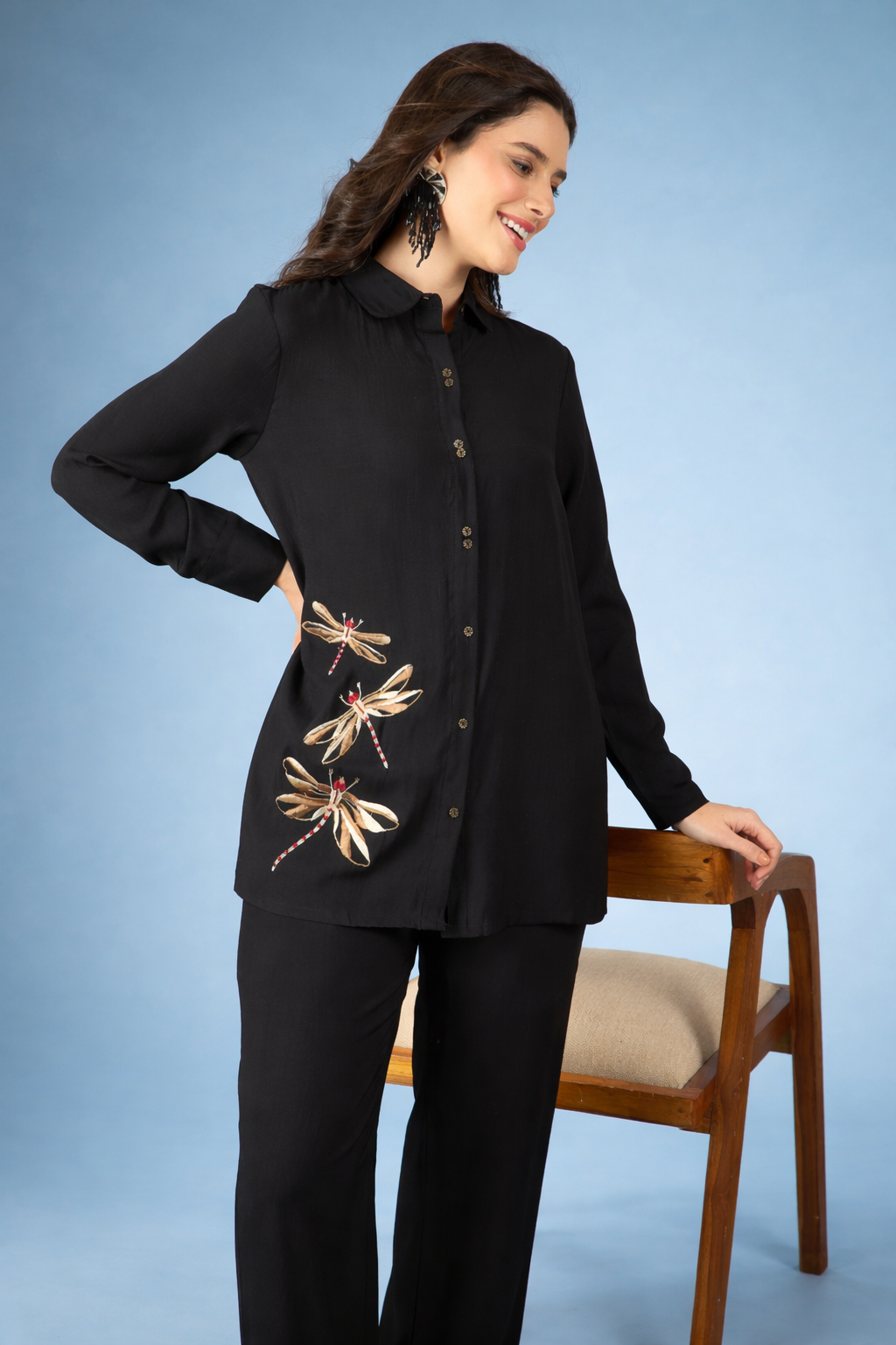 Black Embroidered Silk Blend Co-Ords