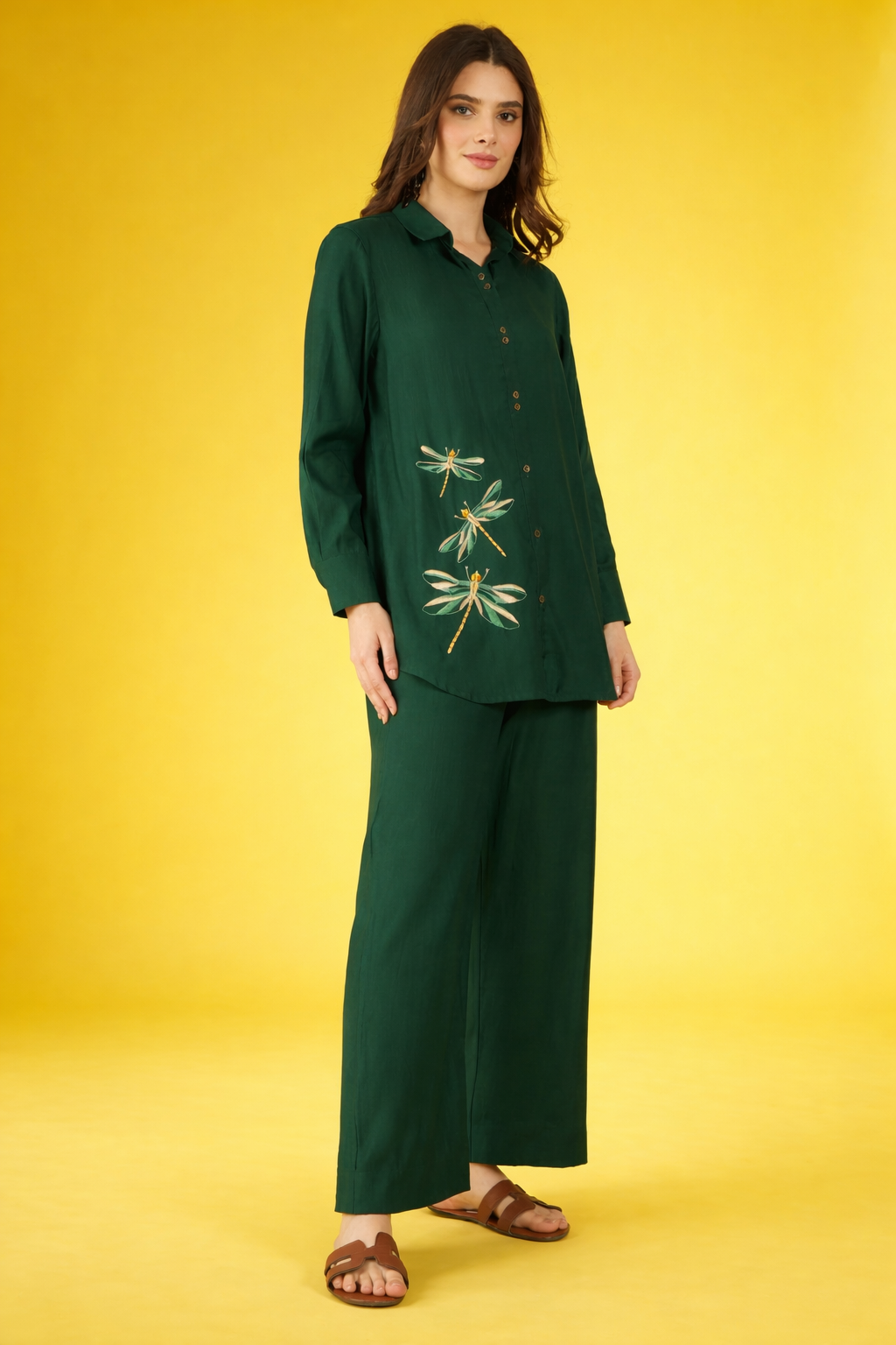 Green Embroidered Silk Blend Co-Ords