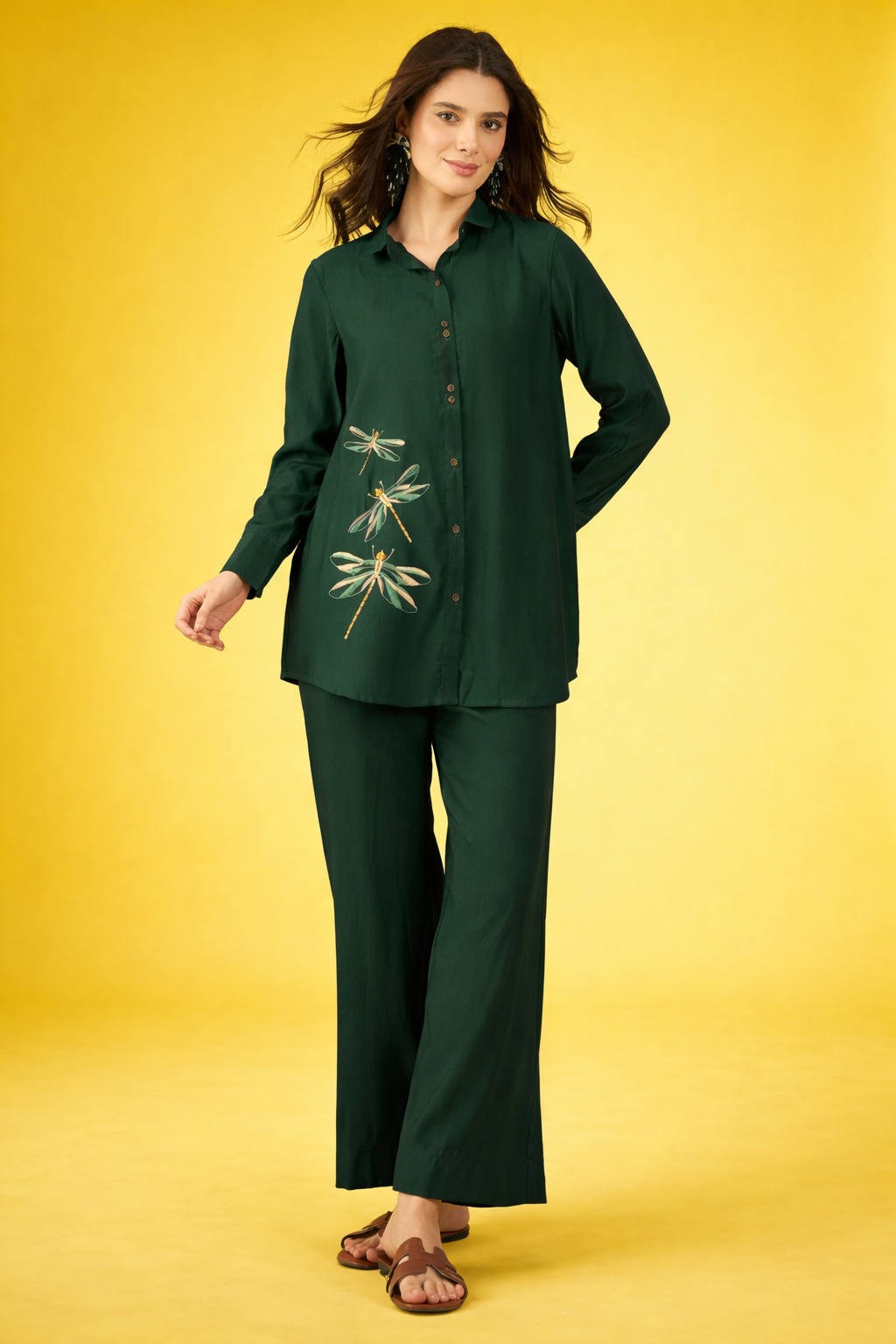Green Embroidered Silk Blend Co-Ords