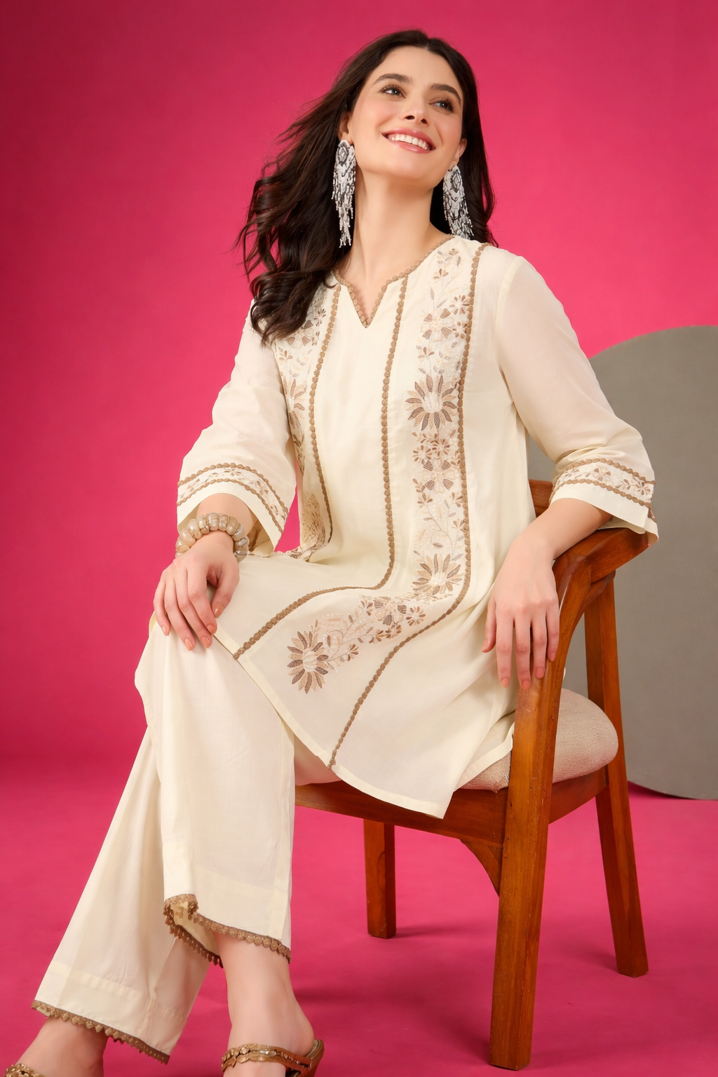 Off-White Embroidered Pure Cotton Round Neck Co-Ords