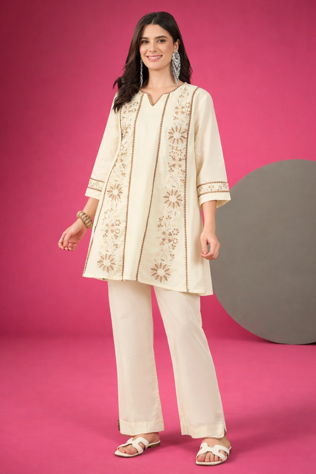 Off-White Embroidered Pure Cotton Round Neck Co-Ords