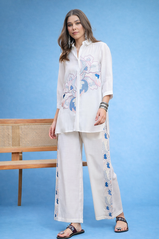 White Embroidered Shirt and Trouser Co-ords