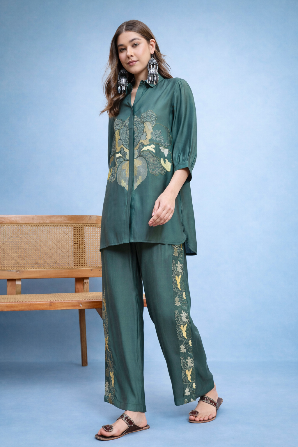 Green Embroidered Shirt with Trouser Co-ords
