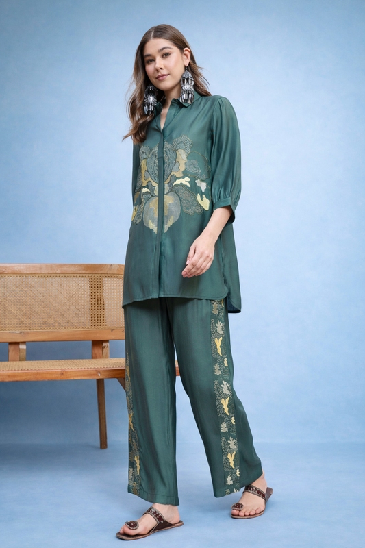 Green Embroidered Shirt with Trouser Co-ords
