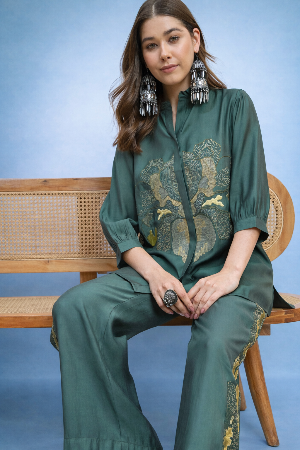 Green Embroidered Shirt with Trouser Co-ords