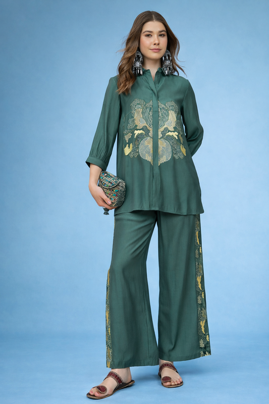 Green Embroidered Shirt with Trouser Co-ords
