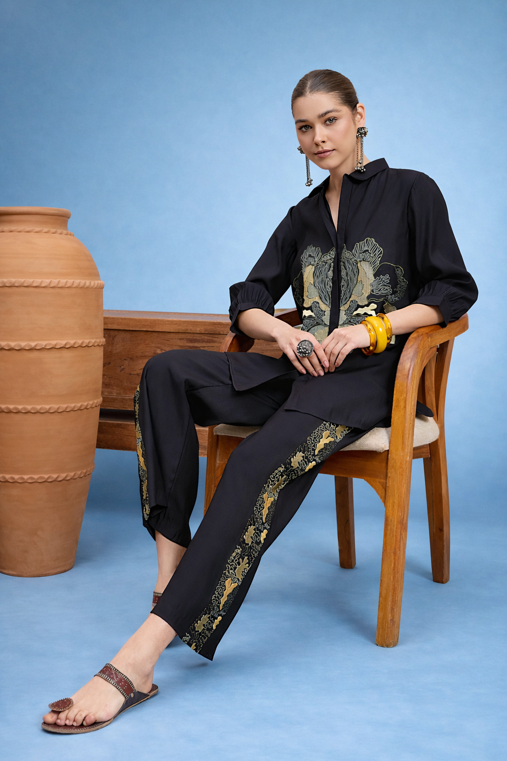 Black Embroidered Shirt with Trouser Co-ords