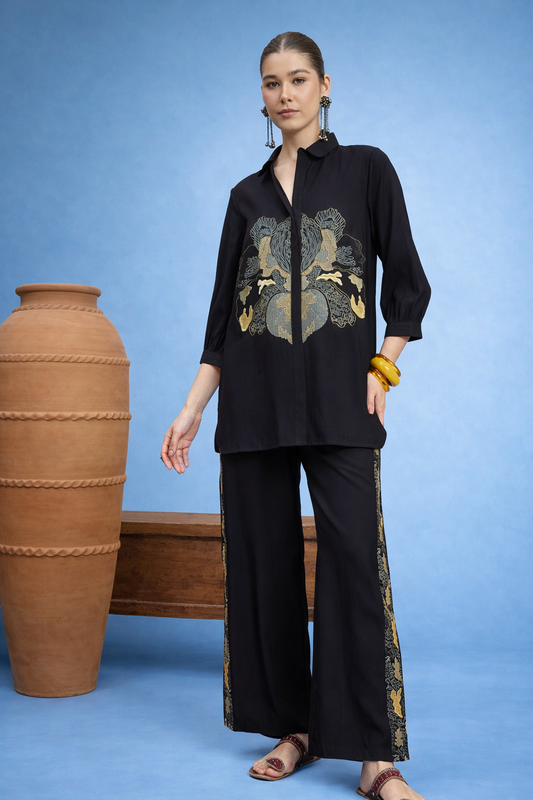 Black Embroidered Shirt with Trouser Co-ords