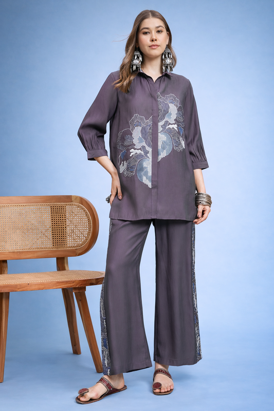 Lavender Embroidered Shirt and Trouser Co-ords
