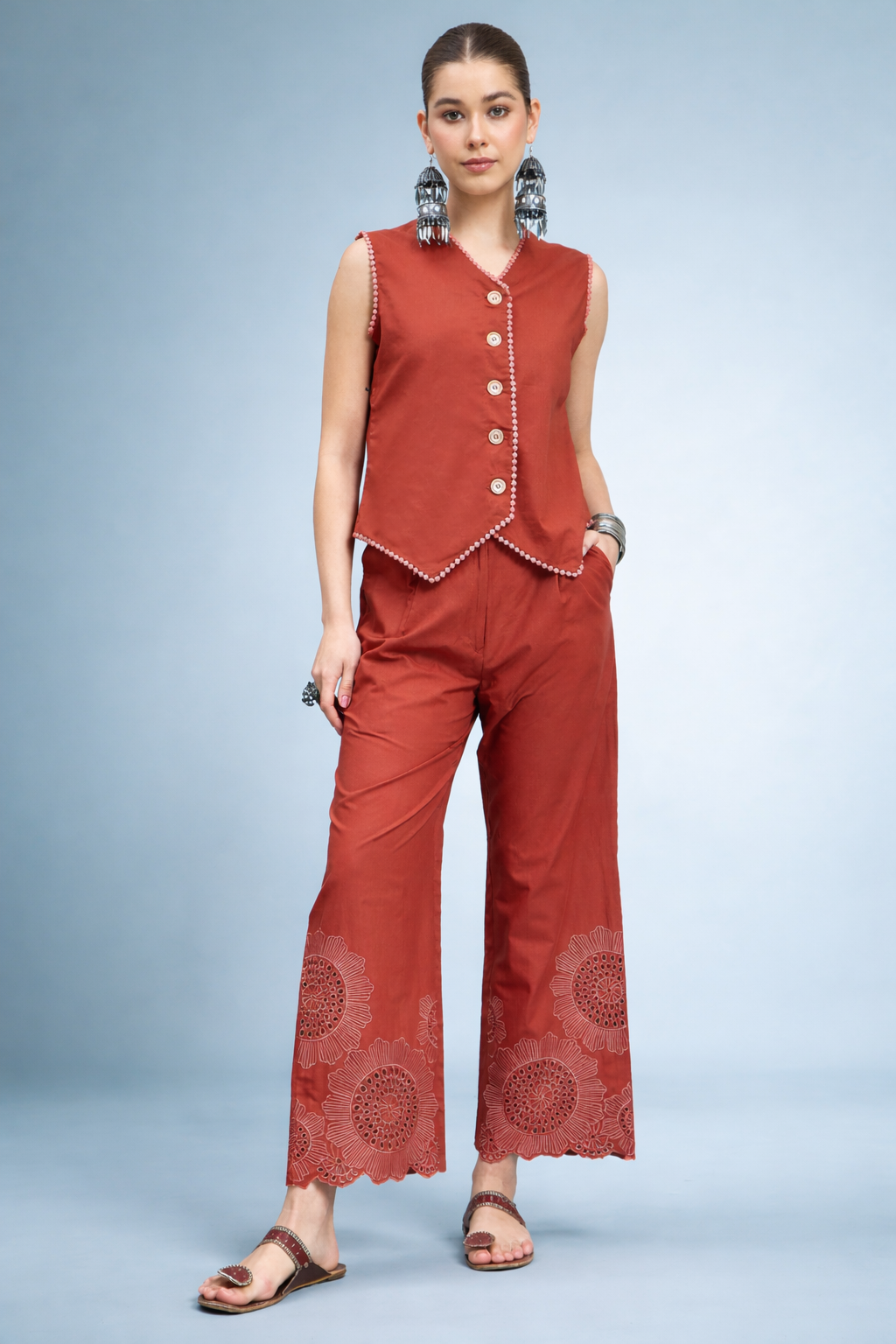 Rust Pure Cotton Waist-Coat Co-ords