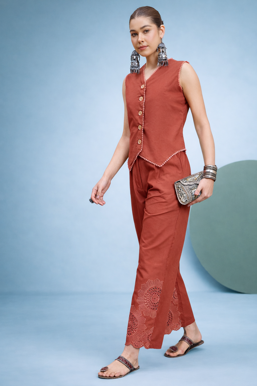 Rust Pure Cotton Waist-Coat Co-ords