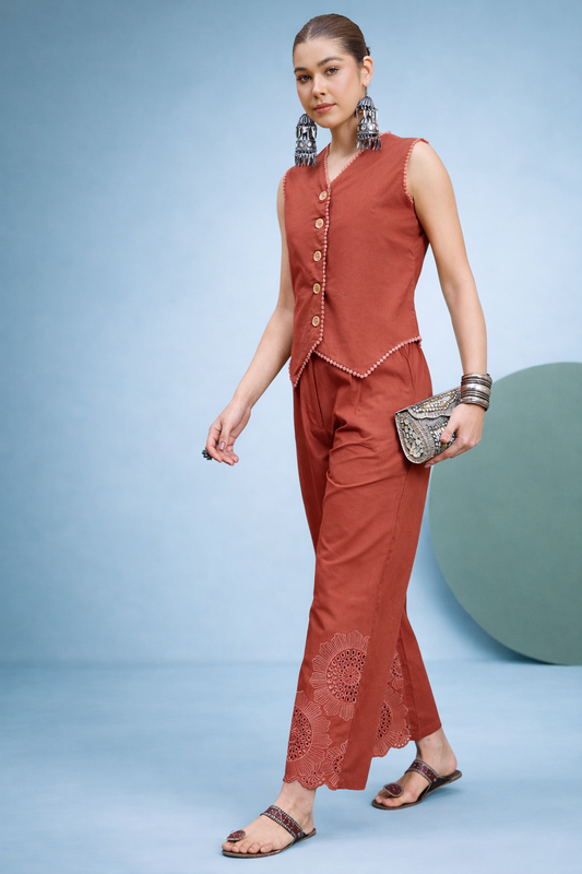 Rust Pure Cotton Waist-Coat Co-ords