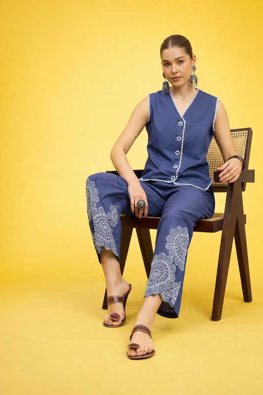 Blue Pure Cotton Waist-Coat Co-ords