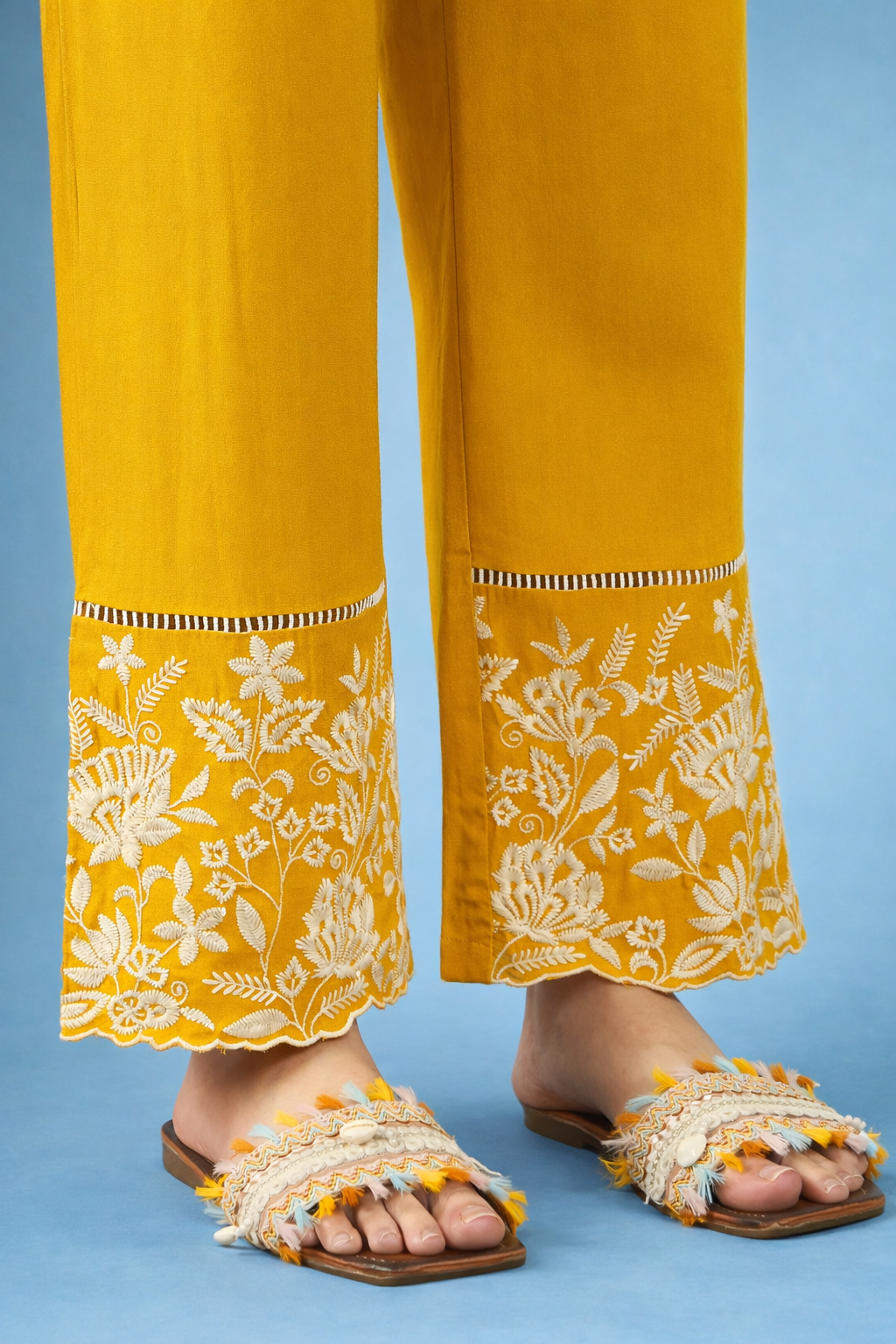 Yellow thread-work viscose rayon co-ords
