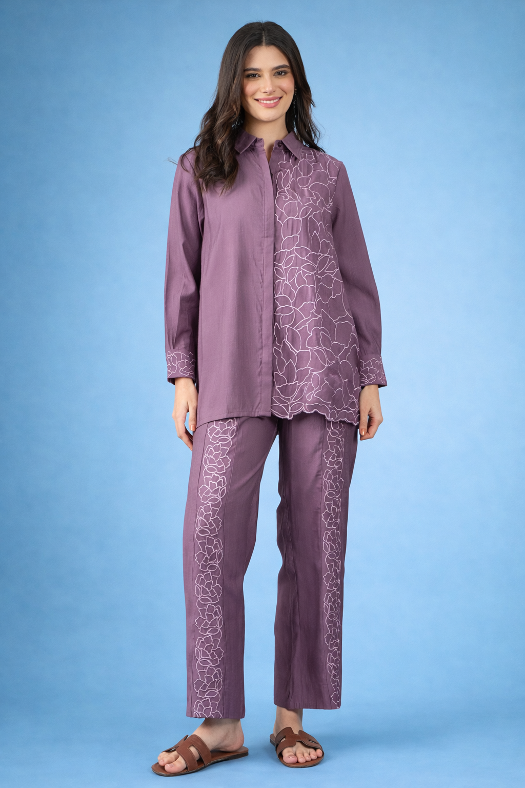 Lavender Embroidered Silk Blend Co-Ords