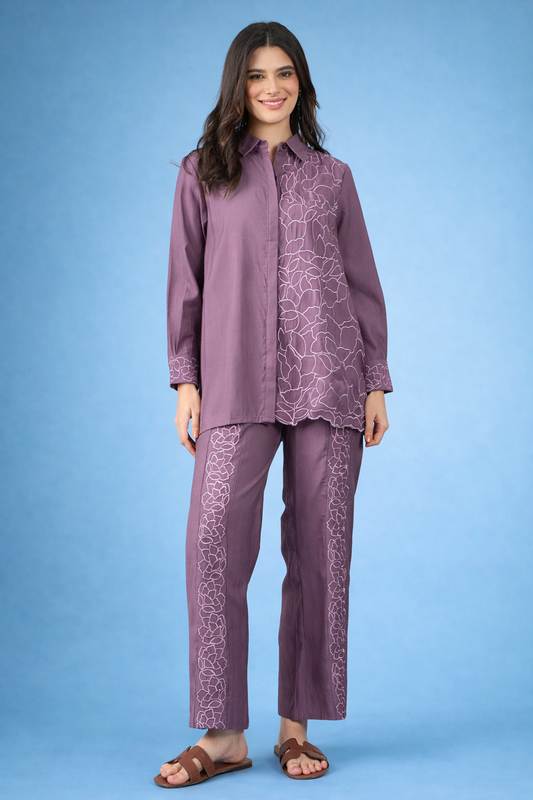Lavender Embroidered Silk Blend Co-Ords