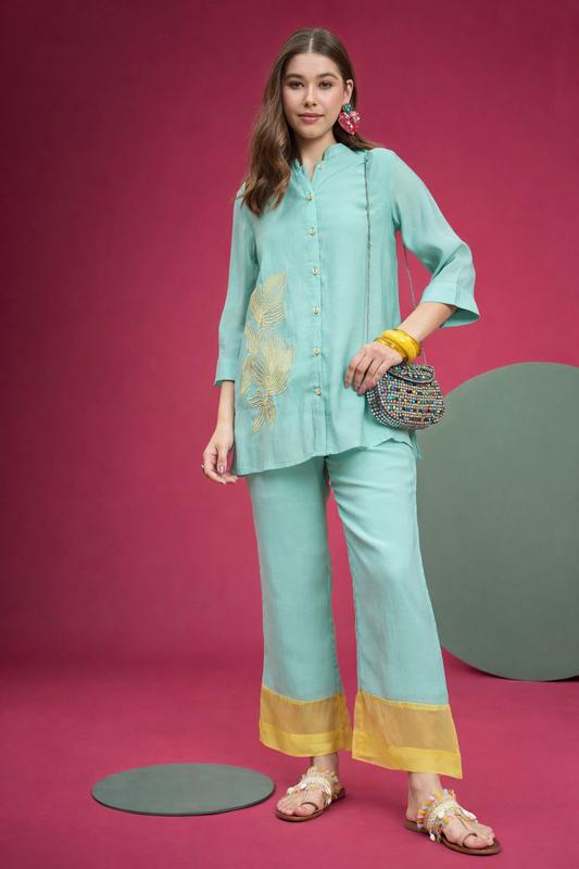 Blue Embellished Shirt with Trouser Co-ords