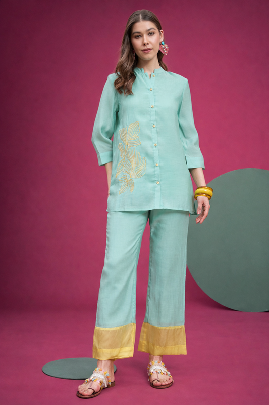 Blue Embellished Shirt with Trouser Co-ords