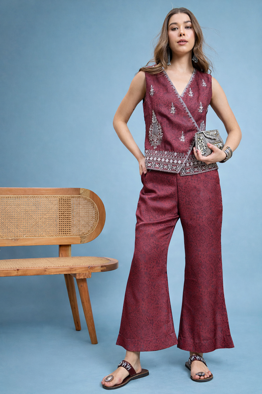Red Embroidered Printed Top with Palazzos