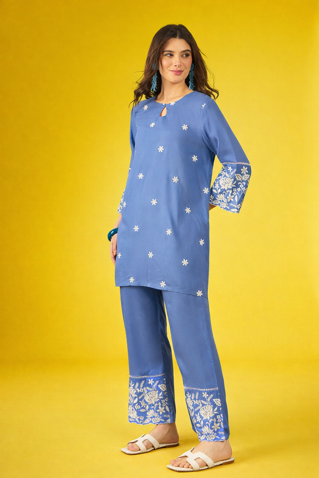 Blue thread-work viscose rayon co-ords