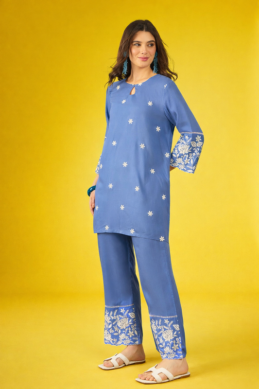 Blue thread-work viscose rayon co-ords