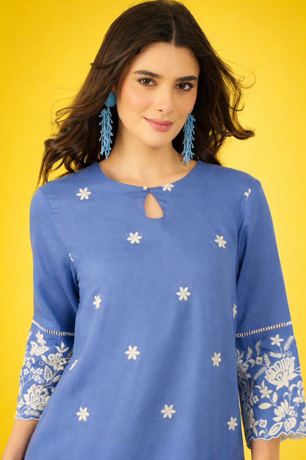 Blue thread-work viscose rayon co-ords