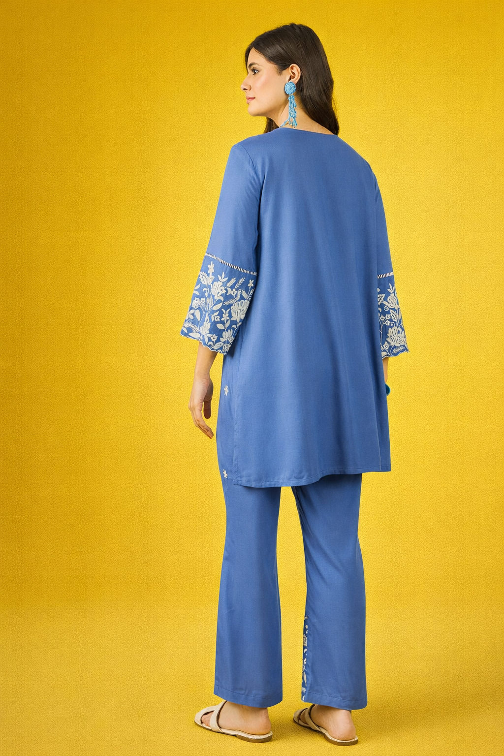 Blue thread-work viscose rayon co-ords