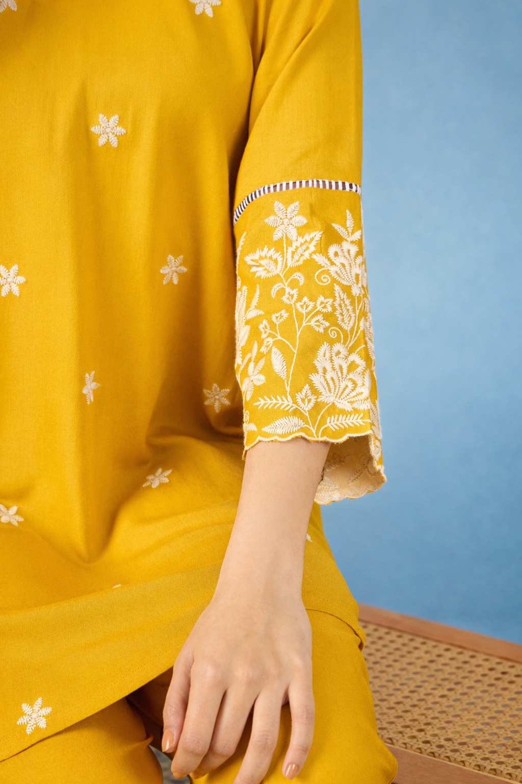 Yellow thread-work viscose rayon co-ords