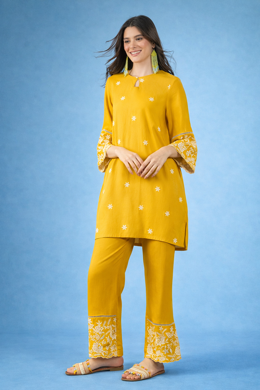 Yellow thread-work viscose rayon co-ords