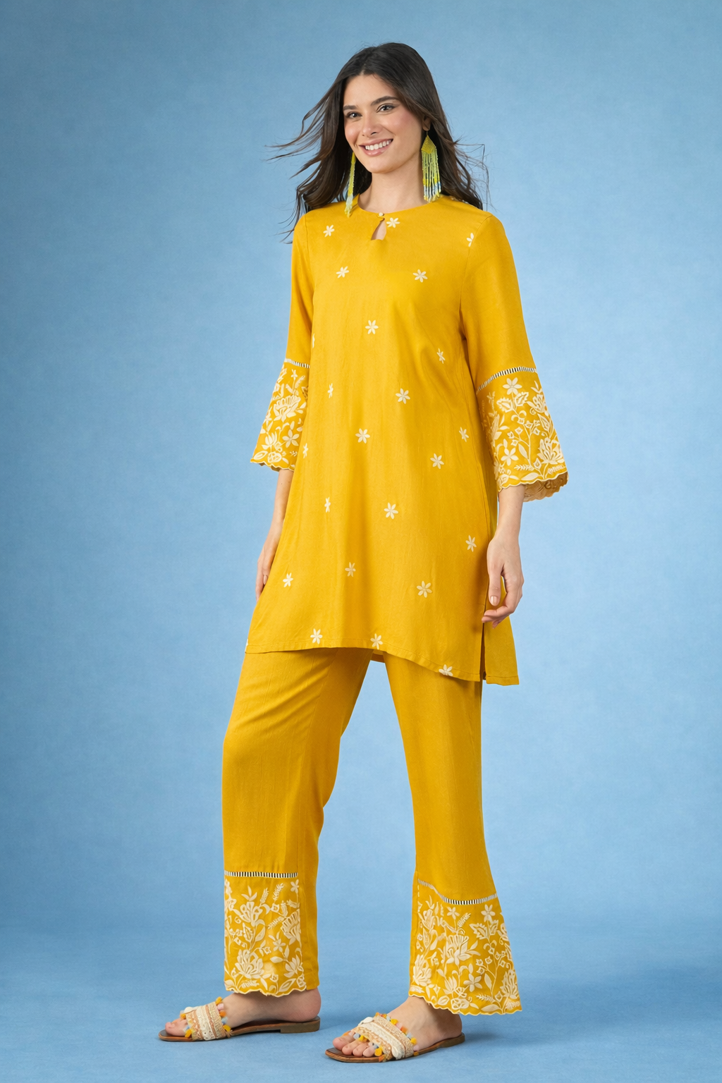 Yellow thread-work viscose rayon co-ords