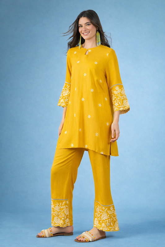 Yellow thread-work viscose rayon co-ords
