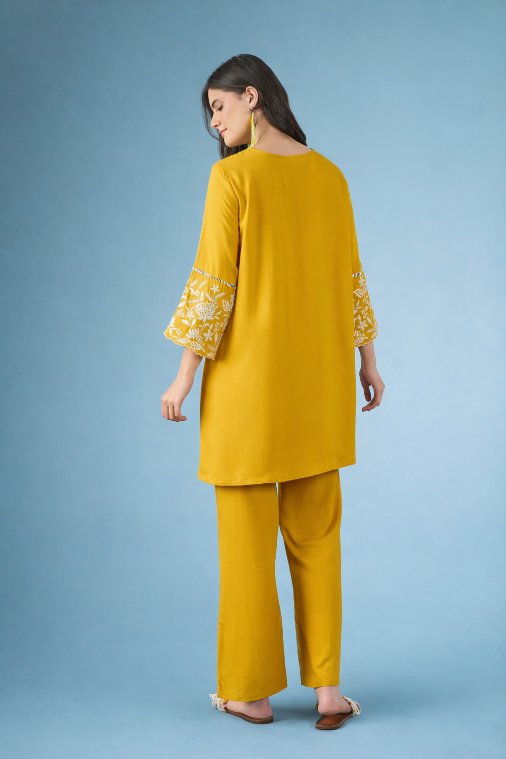 Yellow thread-work viscose rayon co-ords