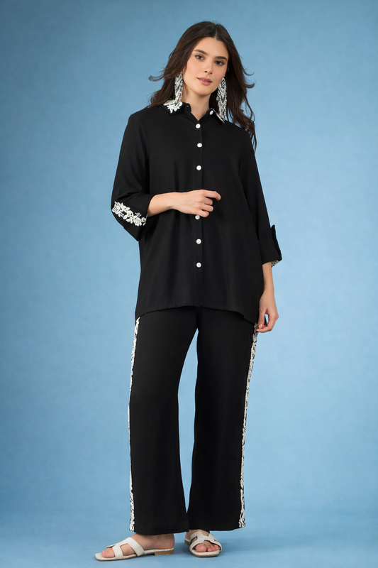 Black Embroidered Viscose Rayon Co-ords