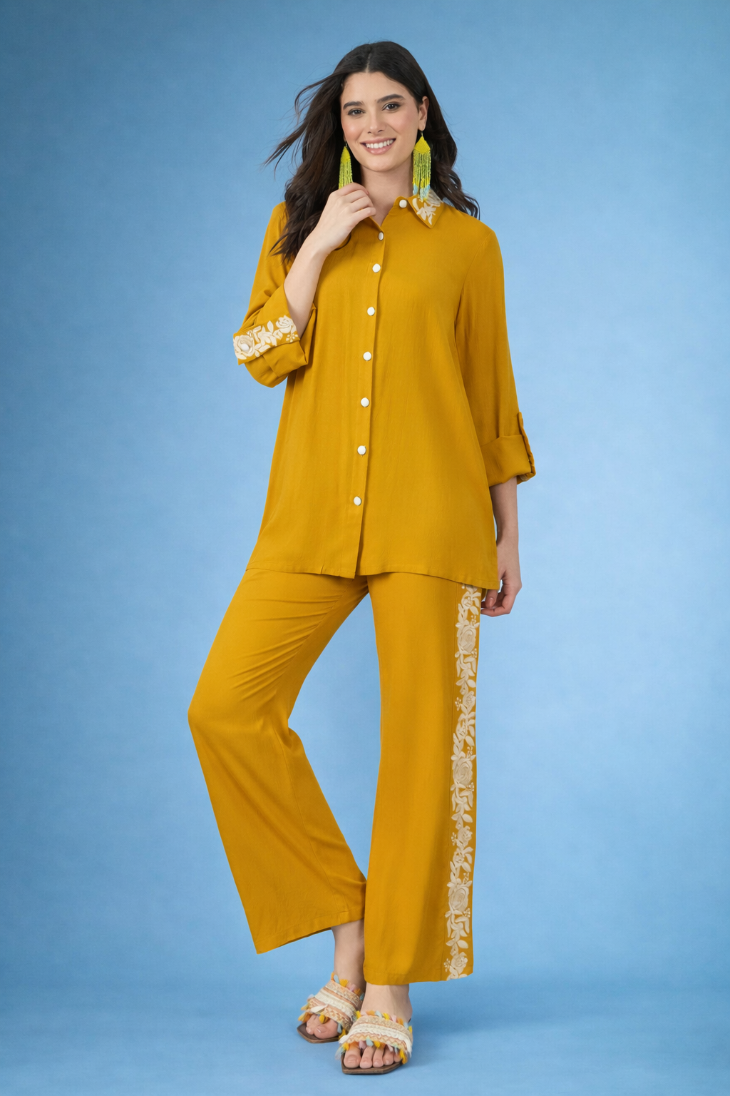 Yellow Embroidered Viscose Rayon Co-ords