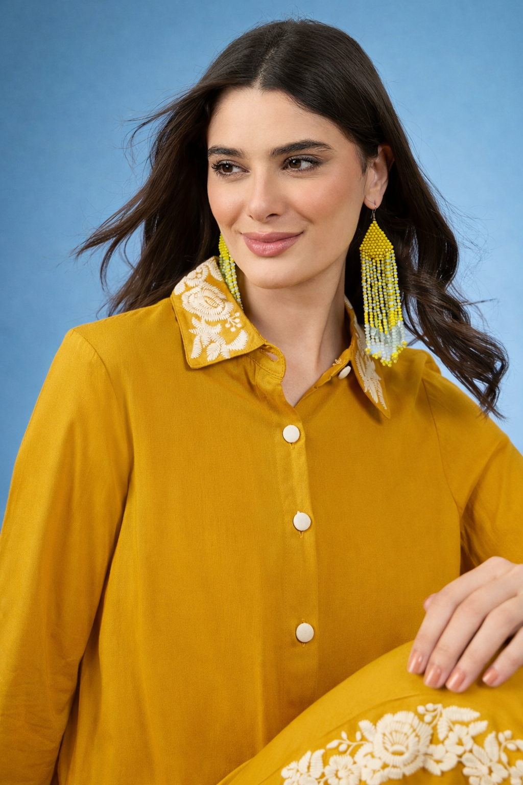 Yellow Embroidered Viscose Rayon Co-ords