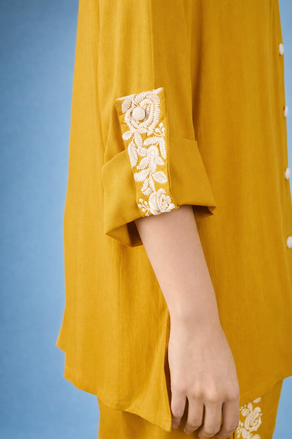 Yellow Embroidered Viscose Rayon Co-ords