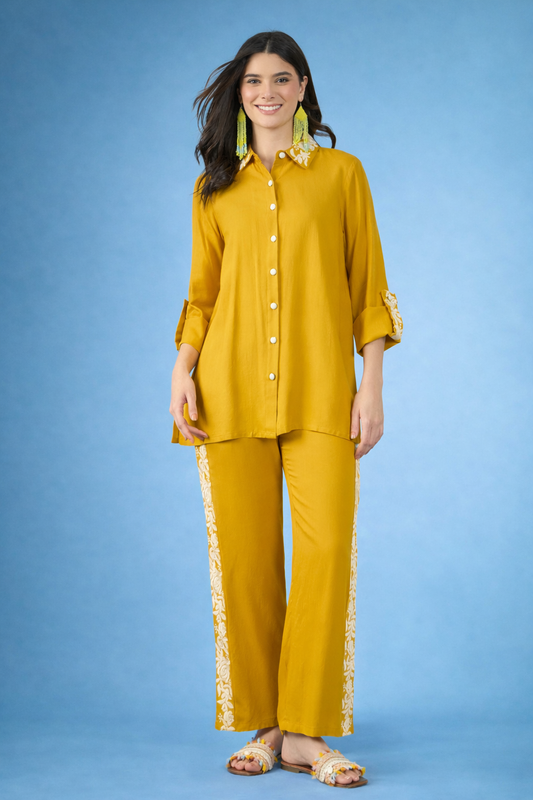 Yellow Embroidered Viscose Rayon Co-ords