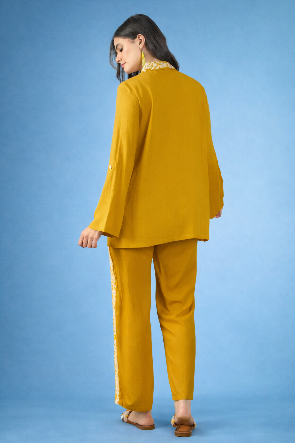 Yellow Embroidered Viscose Rayon Co-ords