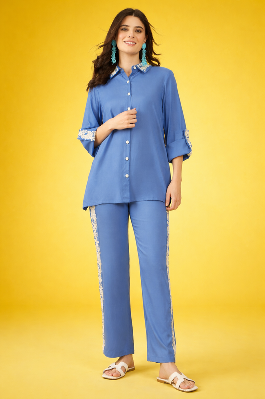 Blue Embroidered Viscose Rayon Co-ords