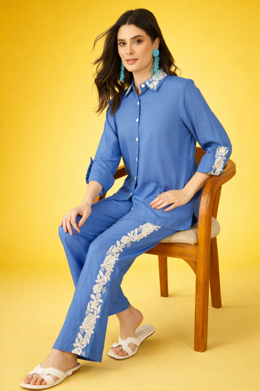 Blue Embroidered Viscose Rayon Co-ords